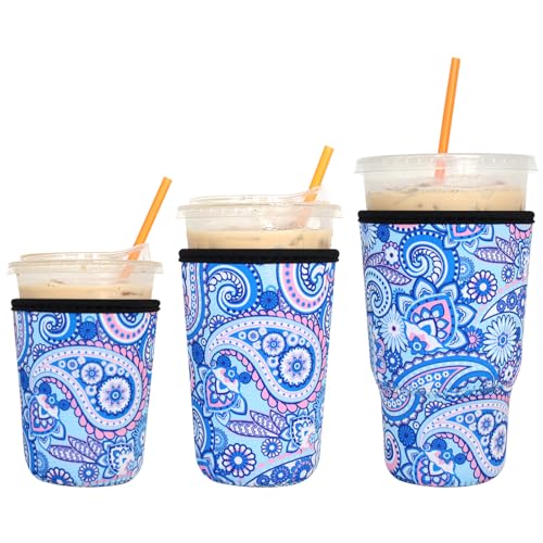 Image of 3 Pack Reusable Iced Coffee Sleeves - Xumbtvs Insulator Sleeve for Cold Beverages, Neoprene Coffee Cup Holder (Retro1)