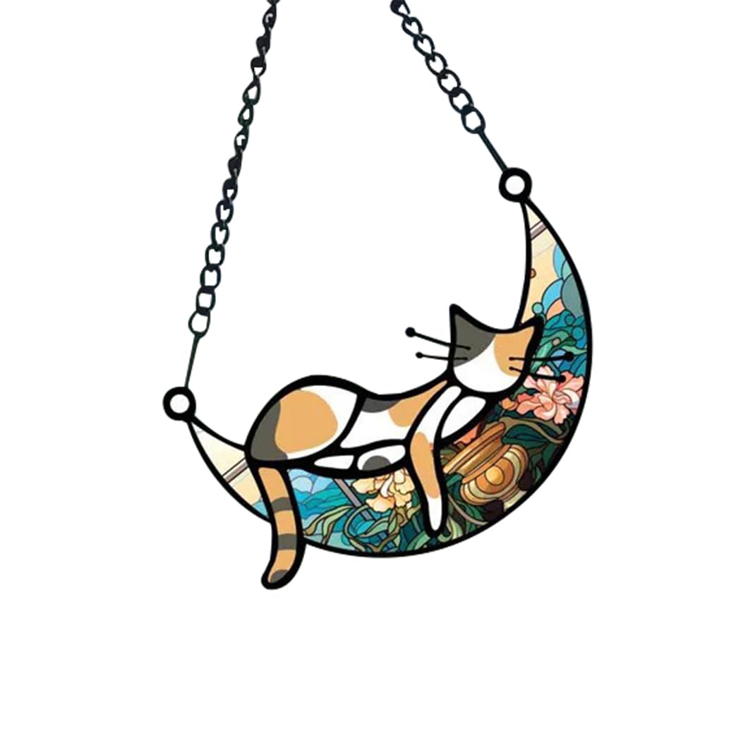 Acrylic Window Hanging Cat, Cat Suncatchers for Windows Hanging, Sun Catchers Indoor Window Sleeping on Moon Suncatcher Decorations Acrylic Decor for Home