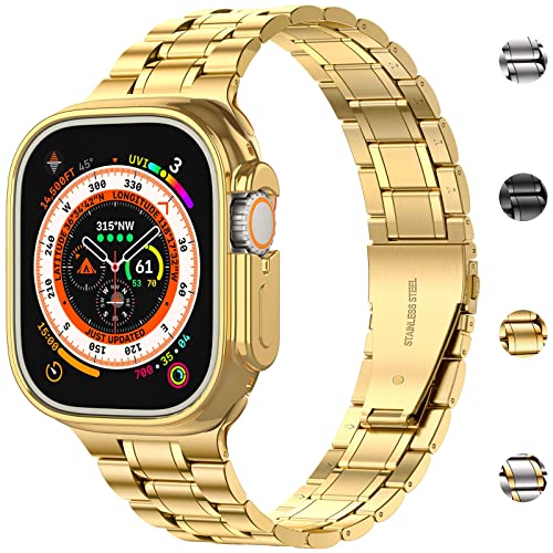 Image of MioHHR Solid Stainless Steel Band Compatible with Apple Watch 49mm Ultra 3 /2 /1, Metal Strap with Soft TPU Case for iWatch Series Ultra 3 /2 /1 49mm Women and Men, Gold