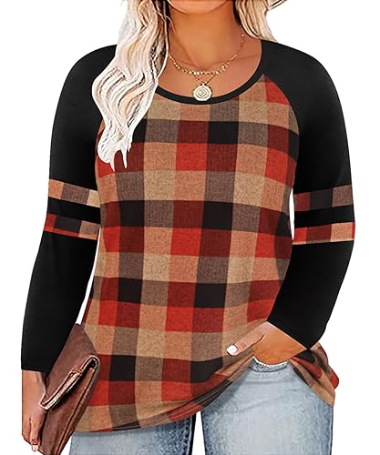 Image of CARCOS Plus Size Tops for Women Long Sleeve Fall Tunic Color Block Camo /Plaid /Leopard /Fall Blouse Crewneck Tshirt XL-5XL