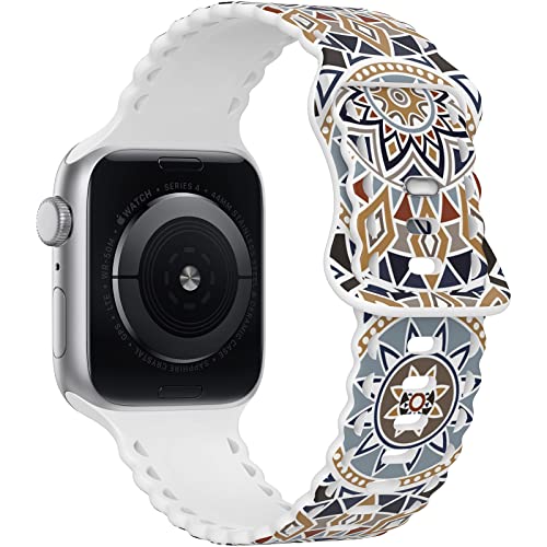 Image of Compatible with Apple Watch Band 41mm 40mm 38mm 49mm 45mm 44mm 42mm Women Girl, Mandalas Print Lace Hollow-out Soft Silicone Sport Bands For iWatch Ultra SE Series 10 9 8 7 6 5 4 3 2, Mandl-42