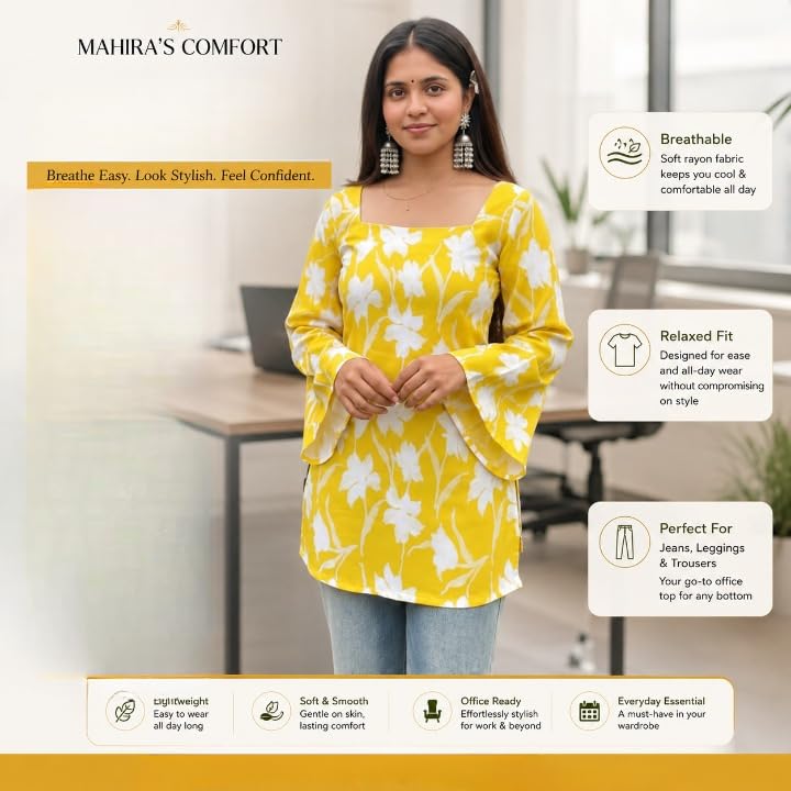 Image of MAHIRA'S Comfort Women's Short Kurti, Rayon Tunic Top with 3 /4 Embroidered Designer Sleeves | Soft Breathable Fabric | Office & Casual Kurti for Jeans, Leggings & Trousers