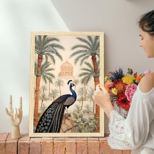 Image of ArtX Paper Peacock Painting For Wall Vastu, Madhubani Art Paintings, Floral Wall Painting for Living Room, Multicolor, Natural Wood Color Frames, Set of 2