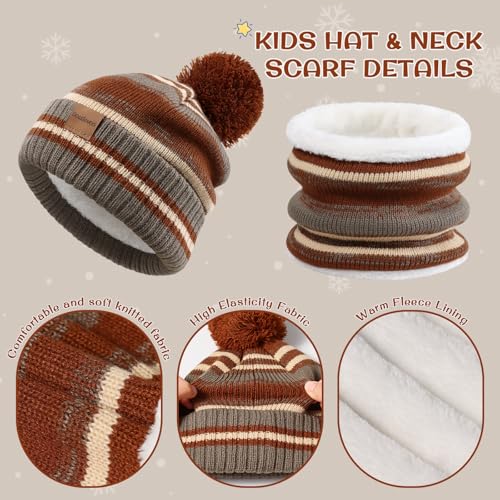 Image of Kids Winter Hat Gloves Scarf Set: Girls Boys Beanie Fleece Lined Ages 6-10