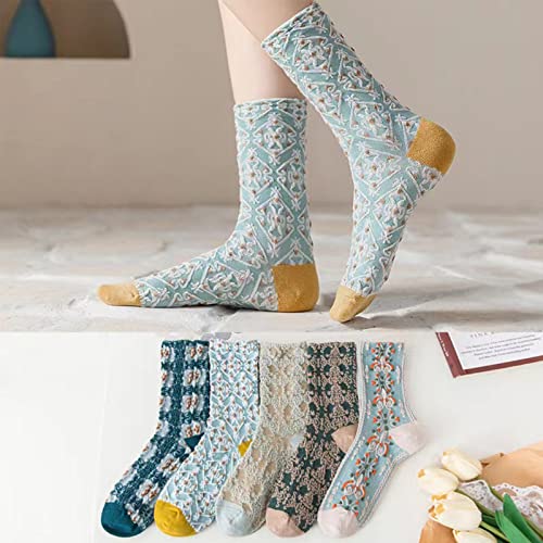 DXYAKY 5 Pairs Womens Floral Cotton Socks Vintage Patterned Crew Socks Novelty Ankle Ruffled Warm Casual Dress Socks4