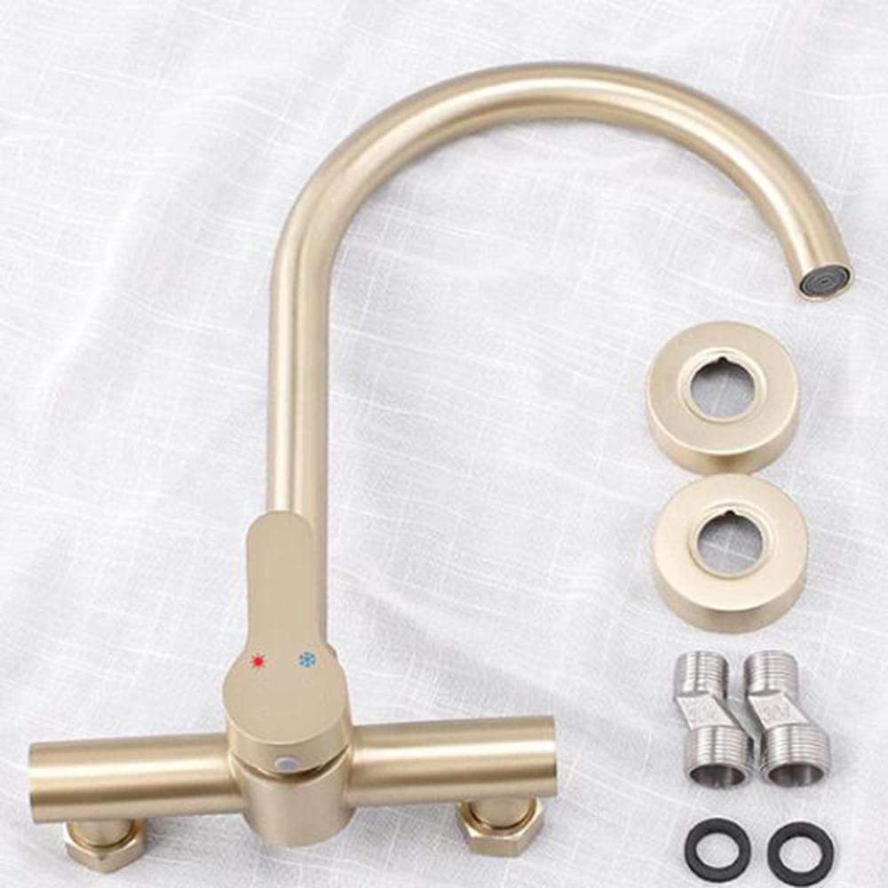 Grifo Cocina de Pared Grifos de Cocina Acero Inoxidable Agua Fria y Caliente Giratorio Doble Orificio Grifo Fregadero Cocina-Oro Cepillado