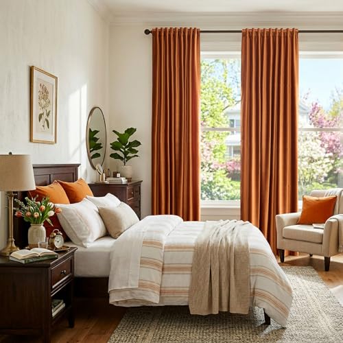 Image of Luxury Orange Velvet Curtains 96 inch Length for Living Room,Elegant 2 Panels Room Darkening Rod Pocket Back Tab Curtain Thermal Insulated Heavy Soundproof Noice Reducing Window Drapes for Bedroom