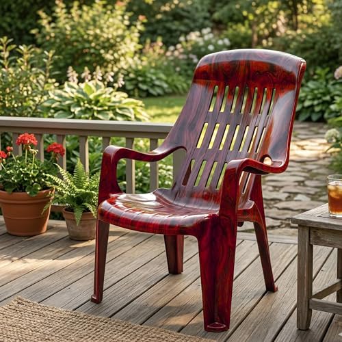 Image of Oaknest Unboxing Furniture celloo Premium Plastic Relaxing Chair with Armrests | Ergonomic High-Back Lounge Seating for Home, Garden & Balcony (Rosewood), Count of 1
