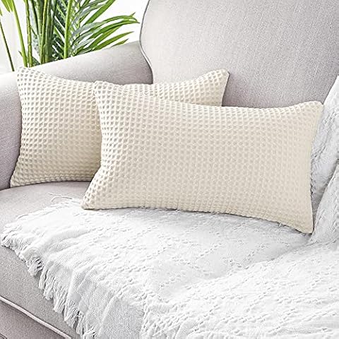 MANDIOO Set of 2 Lumbar Waffle Textured Decorative Throw Pillow Covers Soft Solid Cotton Cushion Cases Luxury Pillowcases for Couch Sofa Bed 12x20 Inches Beige Cover