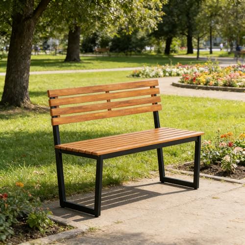 DREAMADE Banc de Jardin en Bois Acacia 2 Places, 110 x 55 x 85 cm Assise à Lattes, Cadre Métallique Solide, Patins Ajustables, Charge 360 KG, pour Balcon,...