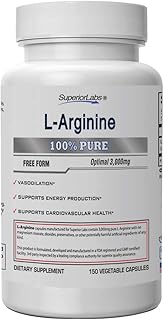 Superior Labs â€“ Pure L-Arginine â€“ Free Form â€“ Optimal 3,000mg Dosage â€“ 150 Vegetable Capsules â€“ Supports Vasodilation, Energy Production and Cardiovascular Health