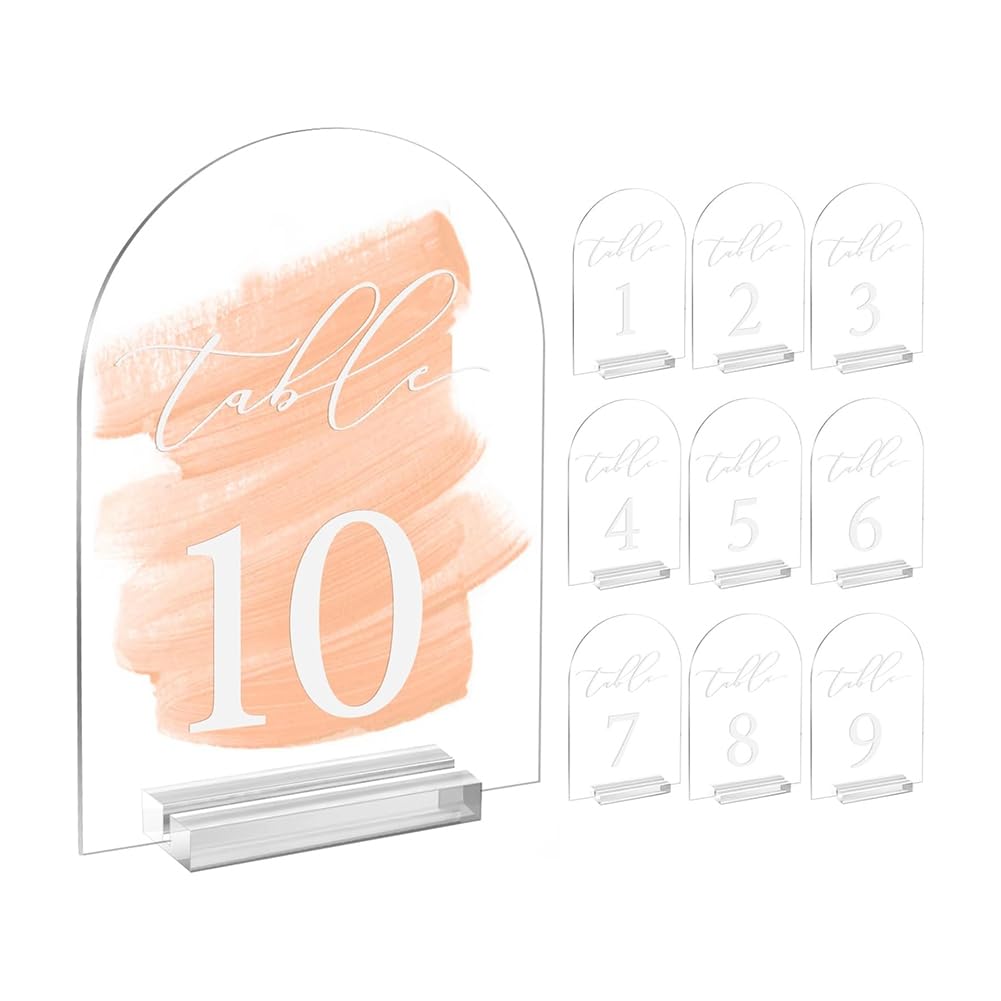 CTRLZS Clear Arch Table Numbers for Wedding,5x7in Arched Acrylic Table Numbers 1-10+Stands,Clear Acrylic Arch Tabletop Sign