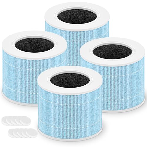 Core Mini Smoke Remover Replacement Filter for LEVOIT Core Mini-P Air Purifier, 3-in-1 High-Efficiency H13 True HEPA Activated Carbon Filter, Core Mini-RF-SR, 4 Filter & 10 Fragrance Sponge, Blue
