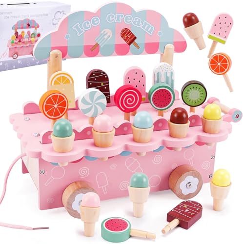 KIMIGO Heladería de Madera Juguete para Niños,Heladería Niños de Madera,Juego de Helados de Maderas,Ienda de Helados Accesorios de Cocina,Juguete Montessori para Niñas Niñoss 3 Anos y Más