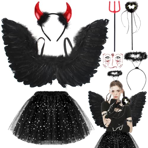 Engel Kostüm Damen Karneval Teufel Kostüm Damen Schwarzer Tüllrock Damen Engelsflügel Erwachsene Teufelshörner Haarreif Heiligenschein Zauberstab...