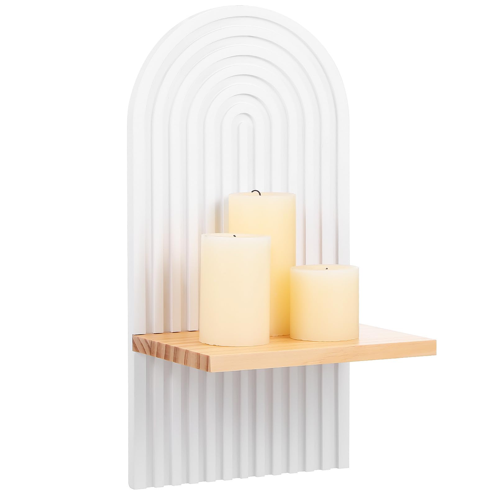 Estantería flotante de pared rústica de madera clara Gatuida y estante portavelas