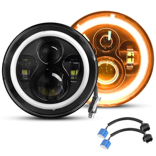 Image of Zorpupoa 7" Round LED Headlight, 2PCS 6000LM Round LED Headlamp with Halo Ring Angel Eyes with H4 to H13 Adapter for Jeep Wrangler TJ JK CJ, Plug and Play