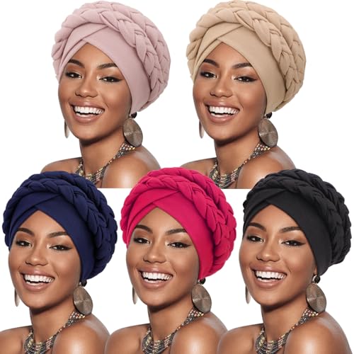 Image of DRESHOW African Women Turban Caps Beanie Twist Headscarf Pre-Tied Double Twisted Braids Headwraps for Women Chemo Cancer Cap