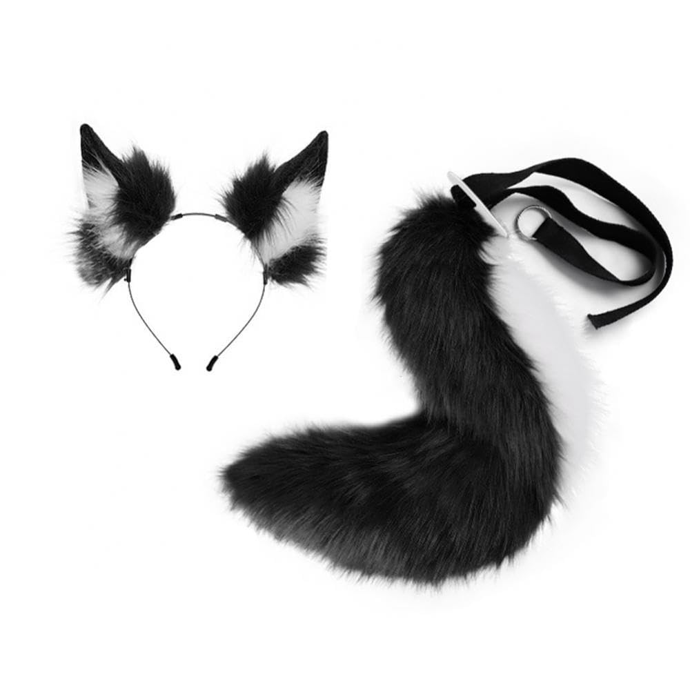 Jojomis Cosplay Set Tierohren Stirnband und Langer Schwanz Schwarz-Weiss für Verkleidung Party Rollenspiele