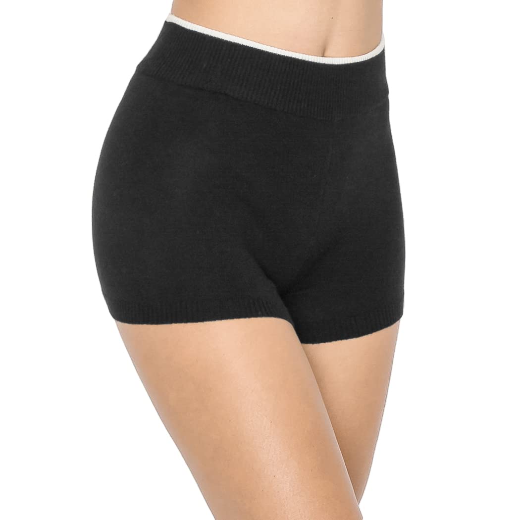 ALWAYS Women's Soft Sweater Knit Shorts - High Waisted Comfortable Lounge Pajama Pants with Single Stripe Black X-Small