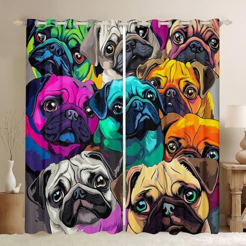 Erosebridal Pug Window Curtains Lovely Pug Dog Window Drapes Colorful Pugs Curtain Panels for Kids Boys Girls Cartoon Pet Animals Window Treatments Living Room Decor 38W x45L Child Room Decor