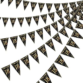 Frienda Happy Birthday Banner Bunting Flags 5 Pieces Gold and Black Glitter Birthday Anniversary Party Decoration Supplies, 7.4 x 10.8 Inch (18th Birthday)