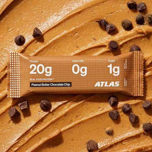 Image of Atlas Real Food High Protein Bars - 20g Protein, 1g Sugar, Clean Ingredients, High Fiber, Low Sugar Snack Bar, No Seed Oils, No Artificial Sweeteners (Peanut Butter Chocolate Chip, 12 Count)
