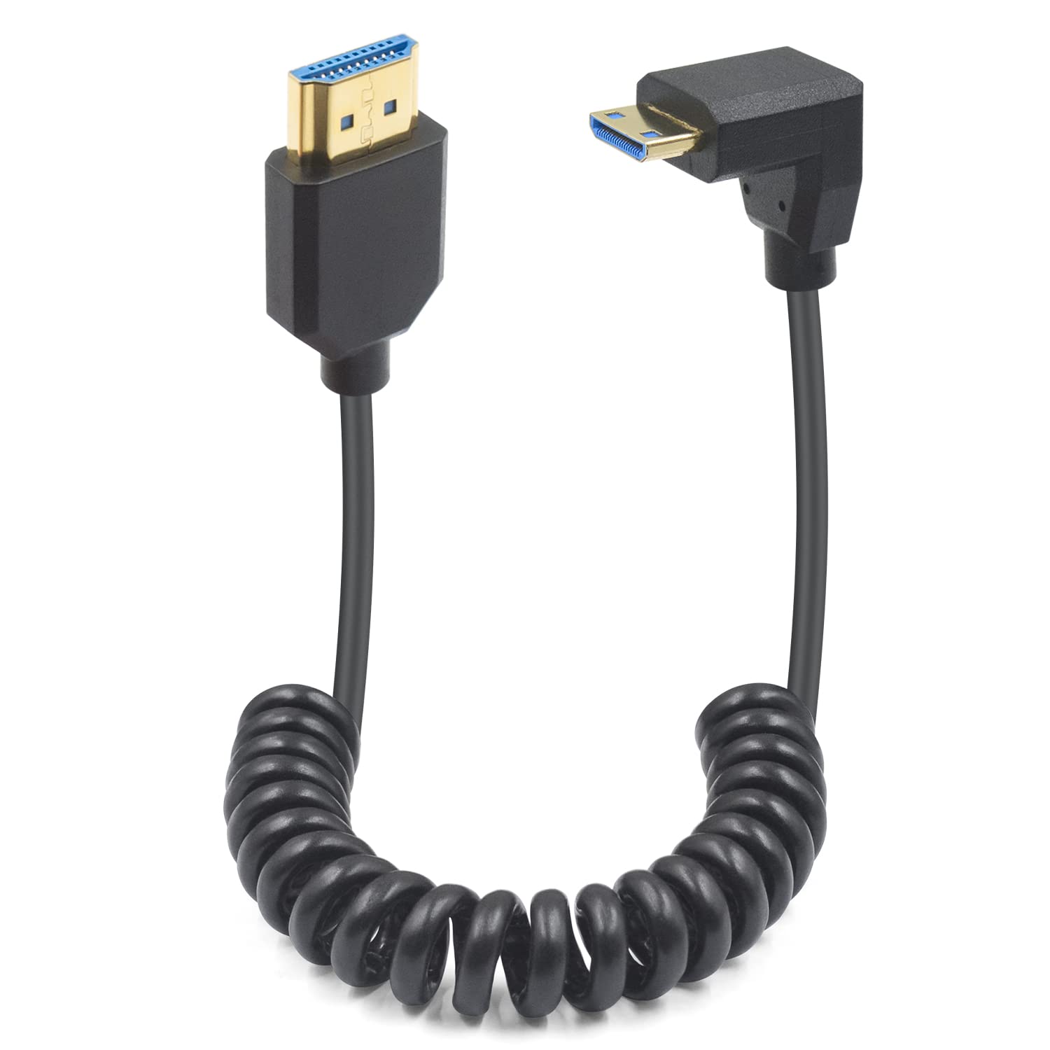 Duttek 90 Degree Mini HDMI to HDMI Coiled Cable, 48Gbps Ultra Thin Down Angled Mini HDMI Male to HDMI Male Cable Support 8K@60Hz for Projector,