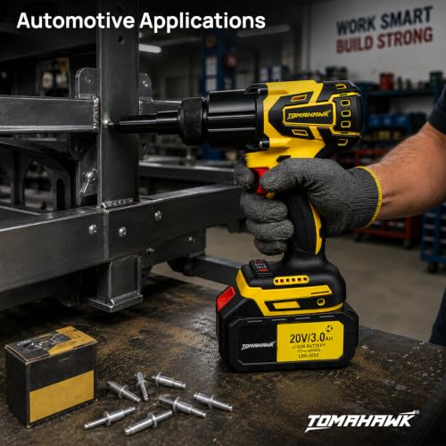 Image of Tomahawk TCR-4187 20V Cordless Riveter /Rivet Gun | 2100 LBF Pull Force | 0-500 RPM Variable Speed | Tool-Free Nose Change & LED | Dual 20V 3.0Ah Batteries | Automotive & Sheet-Metal Rivet Tool