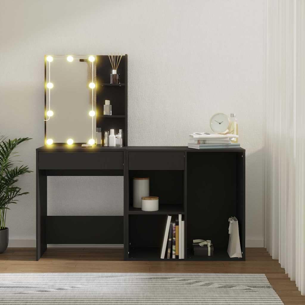 LED-Schminktisch mit Schrank Schwarz Holzwerkstoff, 60x40x140 cm, mit LED-Beleuchtung, Spiegel, Schublade, Stauraum und USB, für Schlafzimmer, Ankleidezimmer, modernes Makeup Styling