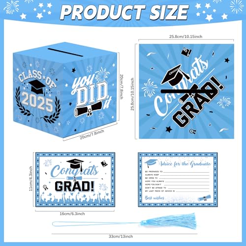 Image of Class of 2025 Graduation Card Box Light Blue Congrats Grad Cap Shaped Card Holder Boxes with Tassel and 48 PCS Advice Wishes Cards for 2025 High School College Centerpiece Ceremony Graduation Party