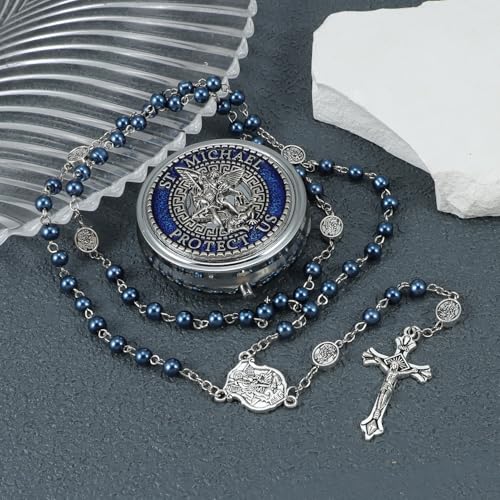 6mm Glass Pearl Rosary Beads Catholic for Women, Virgin Mary Our Lady of Guadalupe Medal, Hematite Stone Saint Benedict Rosary, Bead Necklace First Communion Gifts with Metal Gift Box4