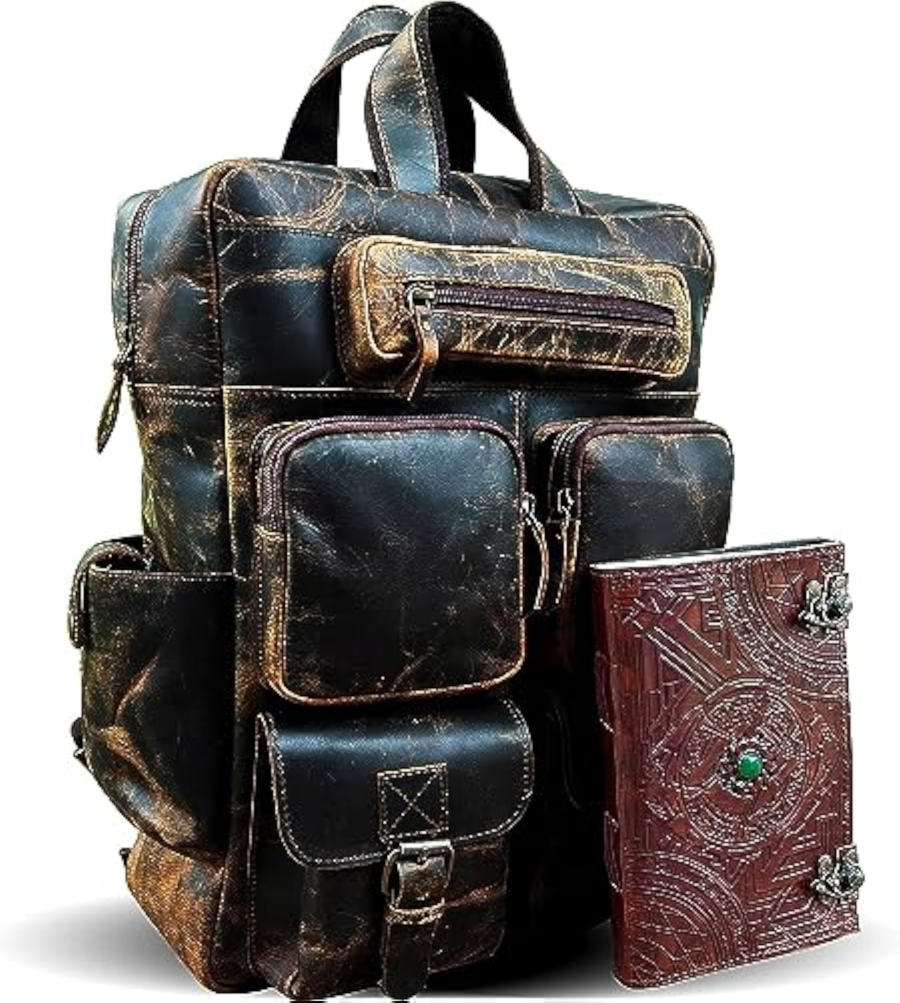 L S Buffalo Leather Backpack, Multi Pockets Travel Bag