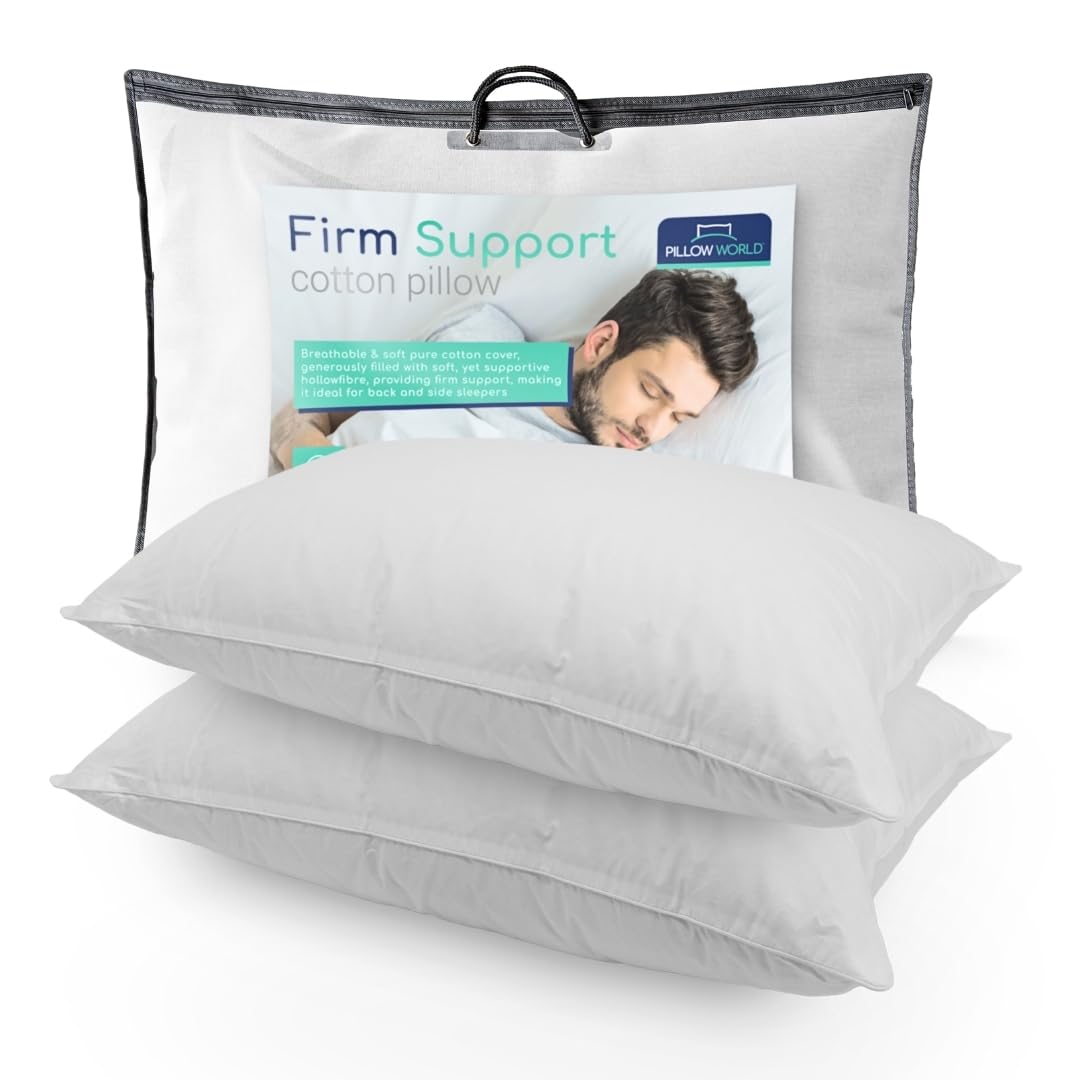 Pillow World | Firm Side Sleeper Pillow Pack of 2 | Extra Fill for Support | Hotel Quality Comfort | 100% Cotton Cover | Firm Support for Head, Neck & Back