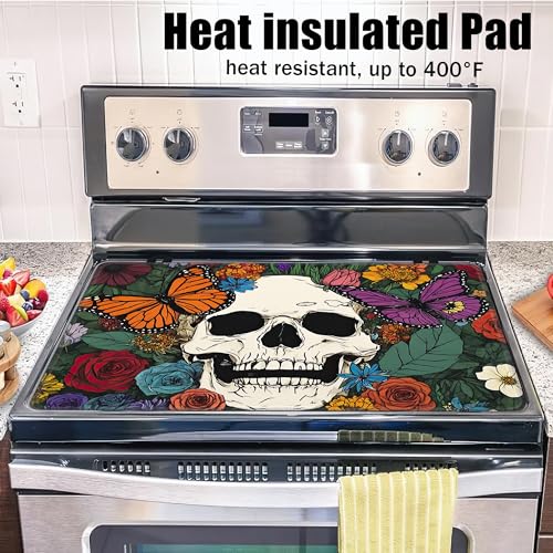 Image of Stove Top Covers for Electric Stove,Halloween Skull Flat Top Stove Cover,Colorful Butterfly Flowers Heat Resistant Glass Top Stove Cover Protector Anti-Slip Range Covers, 28 x 20 Inch