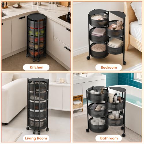 Image of JD FRESH 5 Tier Metal Rotating Kitchen Trolley /360-Degree Rotating Wheels with Expandable Side Opening Design /Movable Butterfly Trolley and Storage Shelf for Kitchen, Livingroom or Bathroom (Black)