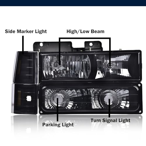 Image of GRAND ORANGE Headlights Assembly Compatible with GMC Sierra C /K Yukon 1500 2500 1994 1995 1996 1997 1998, Fit Chevy C /K C10 Suburban 15034929 Corner Lamp Smoky lens Black Housing Amber Reflector