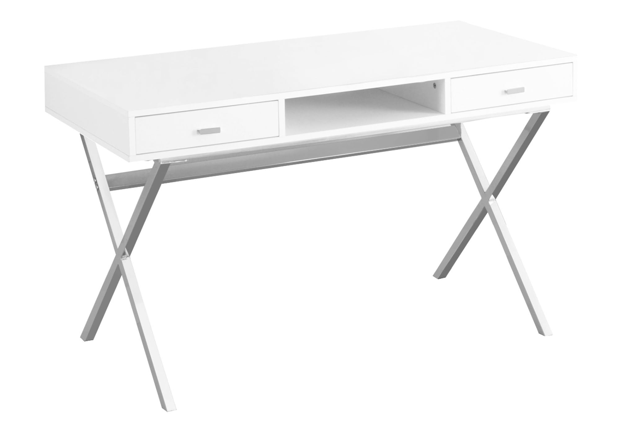 Monarch Specialties Laptop Table with Drawers and Open Shelf Computer, Writing Desk, Metal Sturdy Legs, 48" L, Glossy White