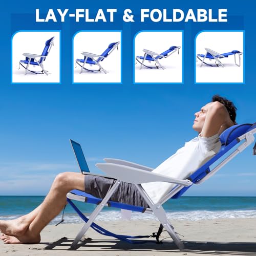 Portable Beach Chair for Adults, Outdoor Camping Chair Lay Flat Folding Backpack Beach Reclining Chair with 5 Positions, Headrest, Zipper Pouch, Cup Holder, Blue4