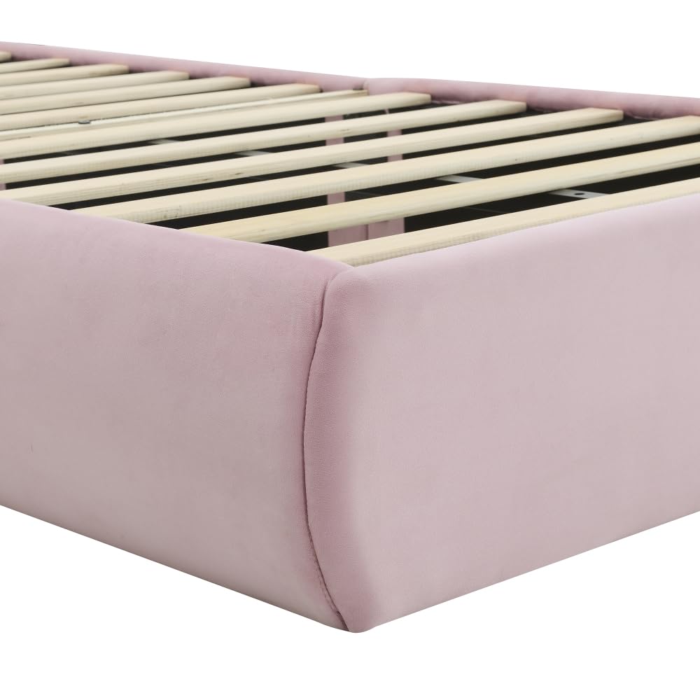 Cama infantil 90 x 200 cm, orejas de conejo brillantes, tiras luminosas cálidas, 2 taburetes de almacenamiento, listones de madera, terciopelo rosa