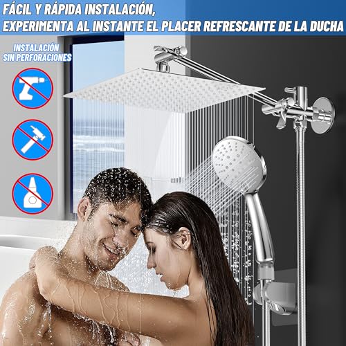Image of Jasinber 8 inch High Pressure Rainfall Bath Showers /Handheld Shower Head with 11'' Extension Arm Adjustable Shower Head with Bracket 1.5m Hose (Chrome)