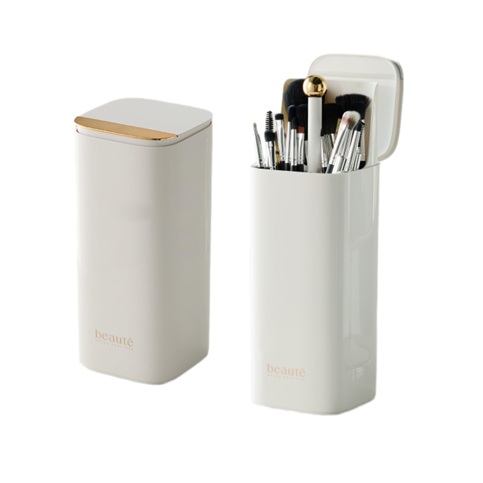 ONLINMDT Makeup Brush Holder with Lid, Automatic Lifting Waterproof Dustproof Makeup Brushes Organizer for Vanity Desktop Bathroom Countertop(White)
