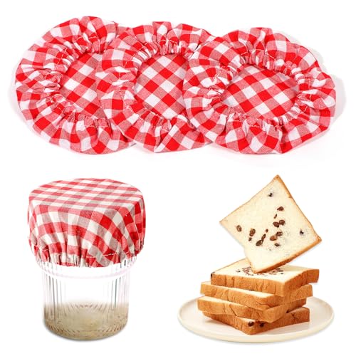 Ymapinc Sauerteig Tuch Abdeckungen，3 Stück Abdeckhauben für Lebensmittel Wiederverwendbare Abdeckung Marmelade Haube für Sauerteig Marmeladenglasdeckel mit Baumwollkaromuster Brot Backen Zubehör