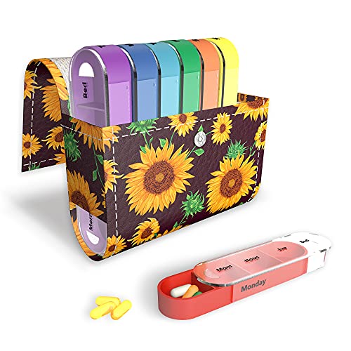 Pilulier hebdomadaire 7 jours 4 cases avec étui en cuir tournesol pour voyage