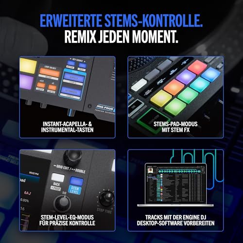 RANE SYSTEM ONE All-in-One Standalone DJ Controller mit Motorplatters und Engine DJ OS, nahtloses Mixen auf 2 Decks, Stems FX, Serato DJ Pro, XLR-Ausgänge