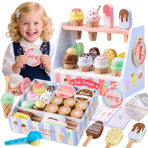 Ehome Wooden Ice Cream Toys Set Pretend Play Food Store for Kids ...