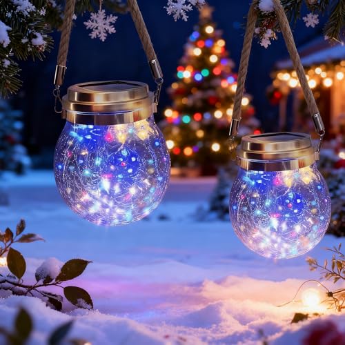 XRR Linterna Solar Exterior, 2 Piezas 30 LED Farolillos Colgantes Jardín IP65 Impermeable, Farol Lámpara de Vidrio para Terraza, Césped, Navidad (Multicolor)
