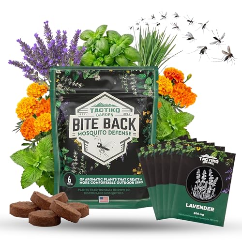 Tactiko Garden Aromatic Herb Seed Kit for Mosquito Season – 6 Individual Seed Packets for Patio & Deck - Lavender, Lemongrass, Marigold, Catnip, Lemon Balm. Basil – Starter Kit with 6 Coir Soil Discs