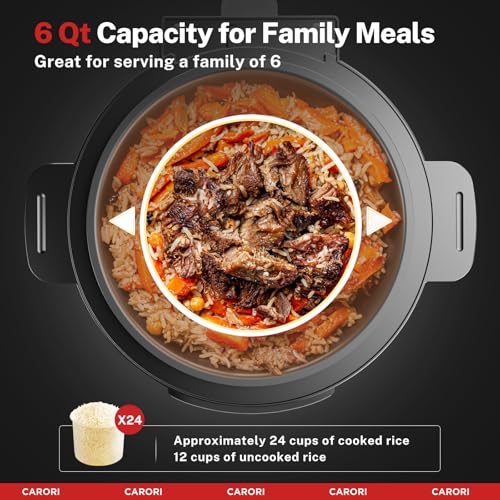Image of CARORI Electric Pressure Cooker 6 Quart Silver, Non-stick Pot, 9-in-1 Instant Pot, 12 Preset Functions with Touchscreen, Safe Steam Release, Stew, Slow Cook, Rice, Saute, Warmer