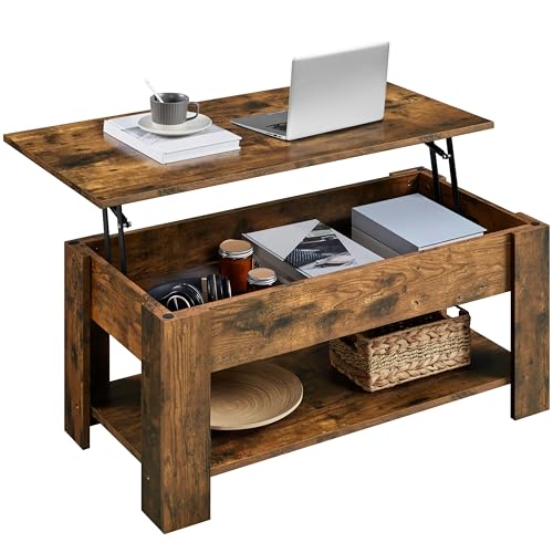 Yaheetech Tavolino da caffè Sollevabile Tavolo Elevabile da Salotto Tavolino Divano caffè con Ripiano Inferiore 98 x 50 x 42-56 cm Marrone Rustico